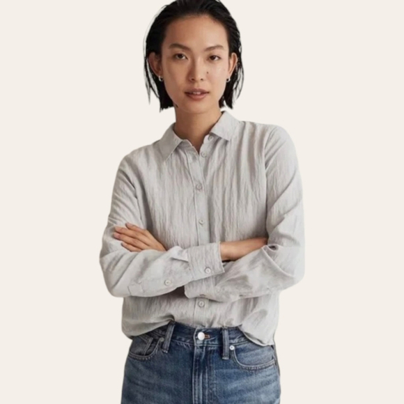 Madewell Tops - MadeWell Crinkle Loose Fit Long Sleeved Shirt Women's XS NWT Silver Gray